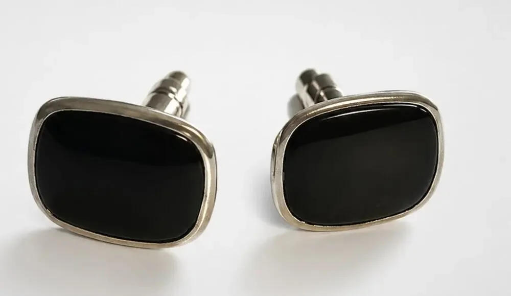 Black Cuff Links‎ Vintage Mid-century Silver Tone Rectangle CuffLinks Men's cl-